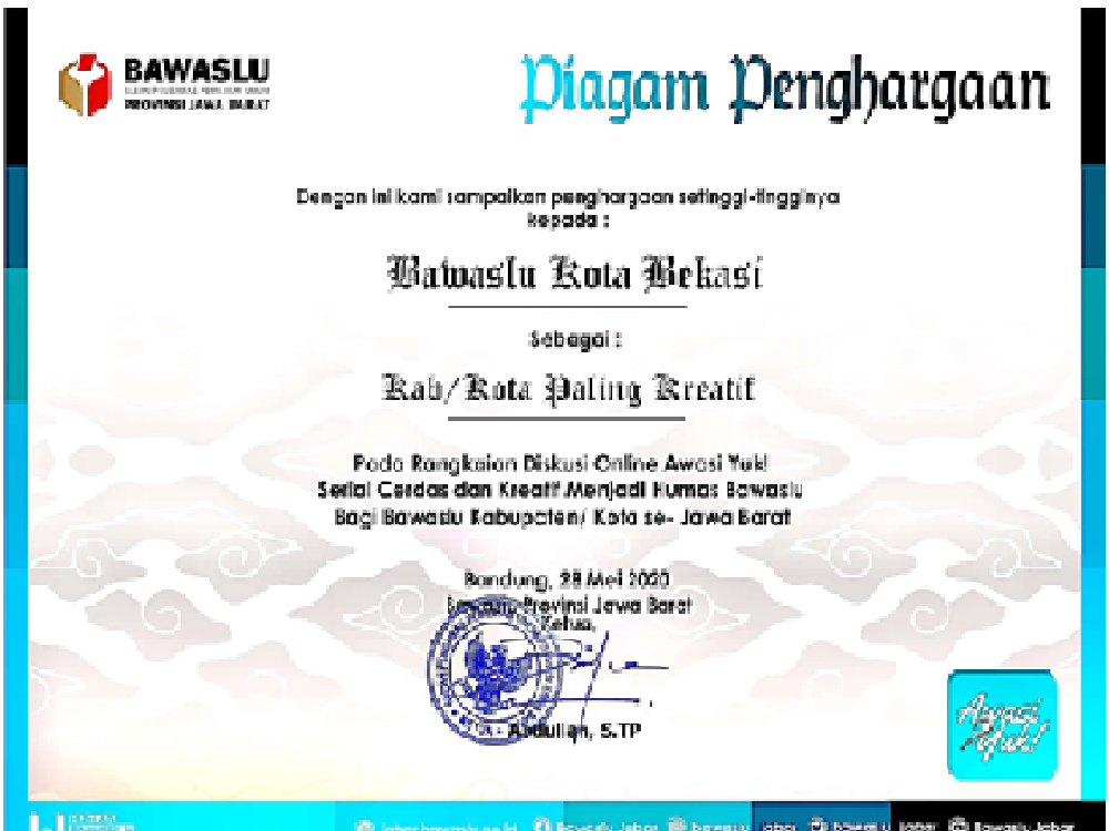 Bawaslu Kota Bekasi Memperoleh Penghargaan sebagai Kabupaten/Kota Paling Kreatif dari Bawaslu Provinsi Jabar